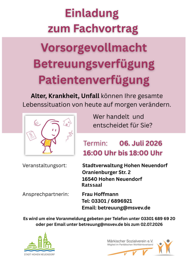 Veranstaltungsflyer Fachvortrag Vorsorgevollmacht, Betreuungsverfügung, Patientenverfügung