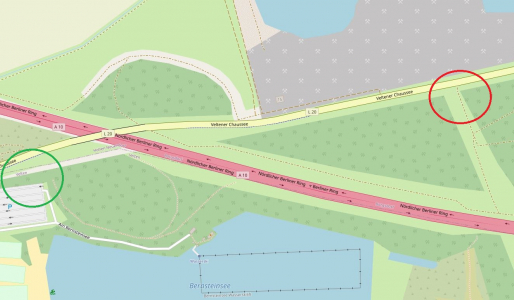 rot: Treffpunkt Müllsammelaktion in Borgsdorf-Pinnow, grün: Parkplatz Bernsteinsee Grafik: openstreetmap.org