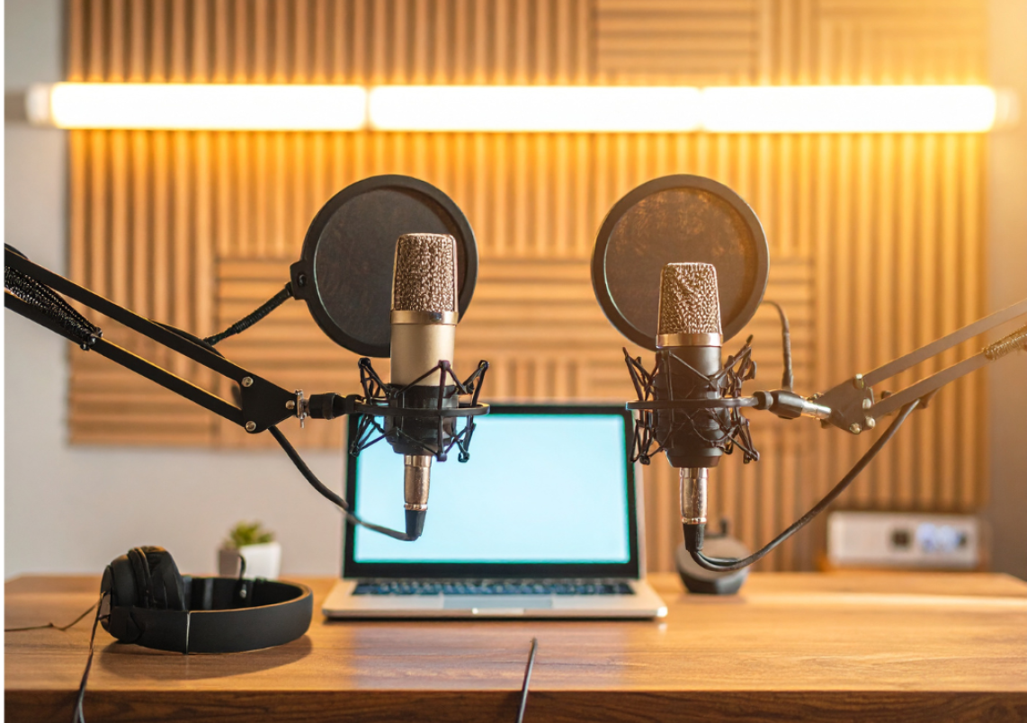 Zwei Mikrophone und ein Laptop in einem Podcaststudio.