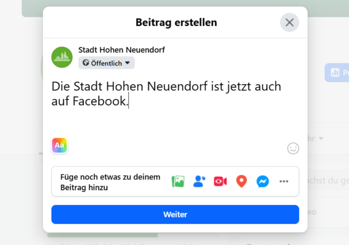 Die Stadt Hohen Neuendorf nutzt ab sofort auch Facebook als Kommunikationskanal. Eingabemaske für einen Facebook-Post der Stadt Hohen Neuendorf