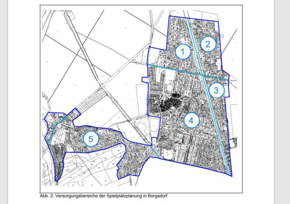 Für den Stadtteil Borgsdorf definiert der Spielplatzentwicklungsplan fünf Versorgungsbereiche. (Grafik: Spielplatzentwicklungsplan, S.13)