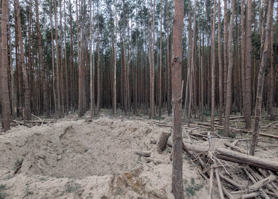 Krater nach Sprengung einer 250-Kilogramm-Bombe.