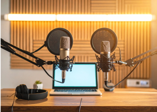 Zwei Mikrophone und ein Laptop in einem Podcaststudio.