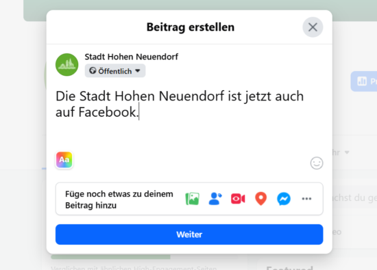 Die Stadt Hohen Neuendorf nutzt ab sofort auch Facebook als Kommunikationskanal. Eingabemaske für einen Facebook-Post der Stadt Hohen Neuendorf