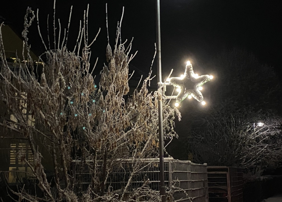 Die Weihnachtssterne aus dem Bürgerhaushalt erweitern die Weihnachtsbeleuchtung in Bergfelde um die Brückenstraße.
